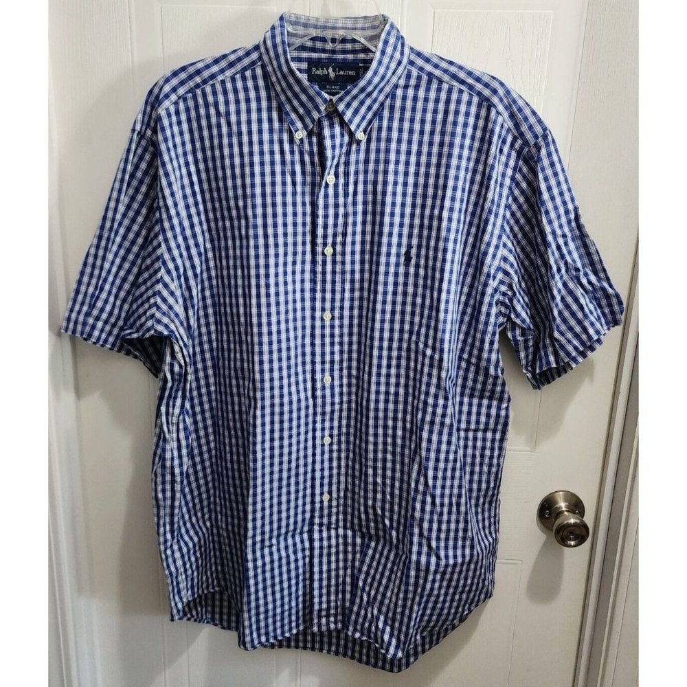 Ralph Lauren Button Up Shirt Large Blue White Plaid Check Blake Pony 100% Cotton